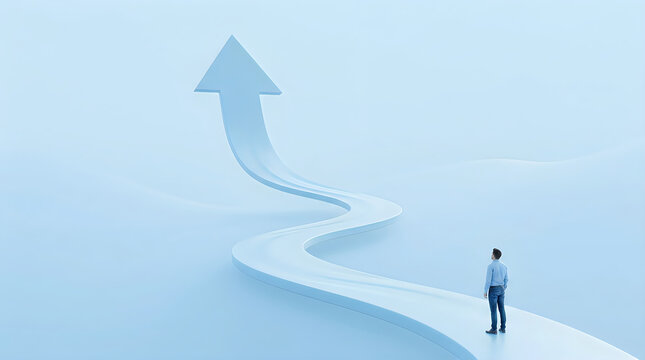 Man stands on winding road leading to upward arrow