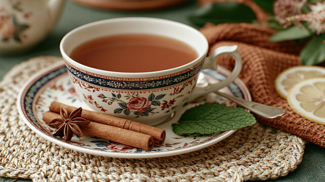 Cozy Cup of Spiced Herbal Tea with Cinnamon Sticks, Anise, and Mint Leaf