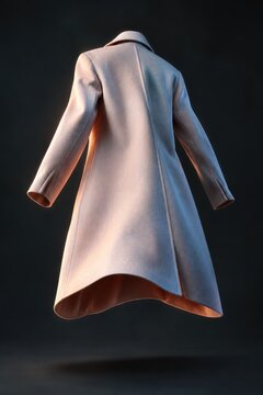 Elegant beige trench coat with peplum hem and flared sleeves, 3D rendered on dark gradient background, minimalist fashion design concept for women's outerwear, luxury apparel styling