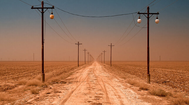 Endless Dirt Road with Telegraph Poles Across Arid Desert Landscape