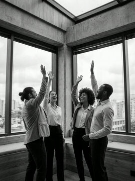 Four colleagues celebrating by a window in a grayscale city office scene