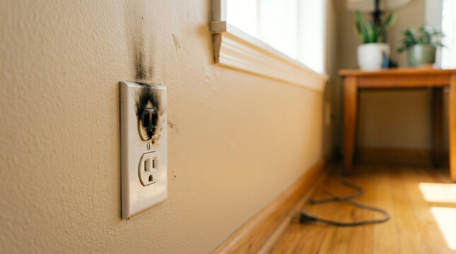 Damaged wall outlet with black charring in a sunlit room with potted plants