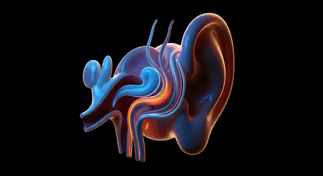 Anatomical illustration of the human inner ear and auditory canal structure