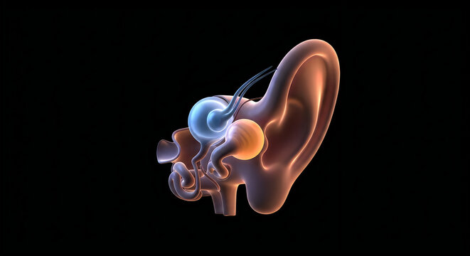Anatomical illustration of the human ear highlighting inner structures and auditory canal