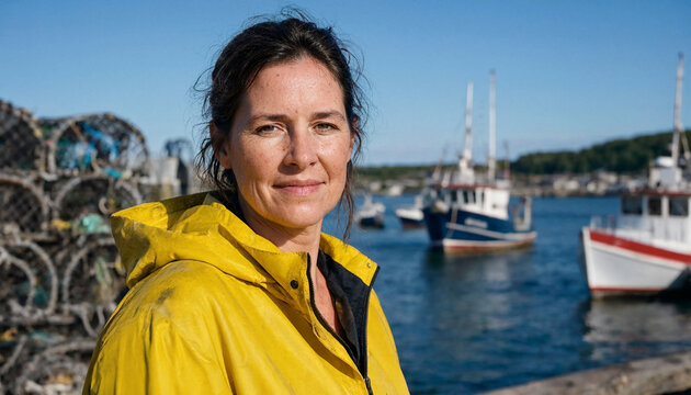 Woman stands in a yellow raincoat by the harbor looking confident and calm with fishing boats and lobster traps in the background. Natural outdoor lighting conveys resilience and coastal work life.