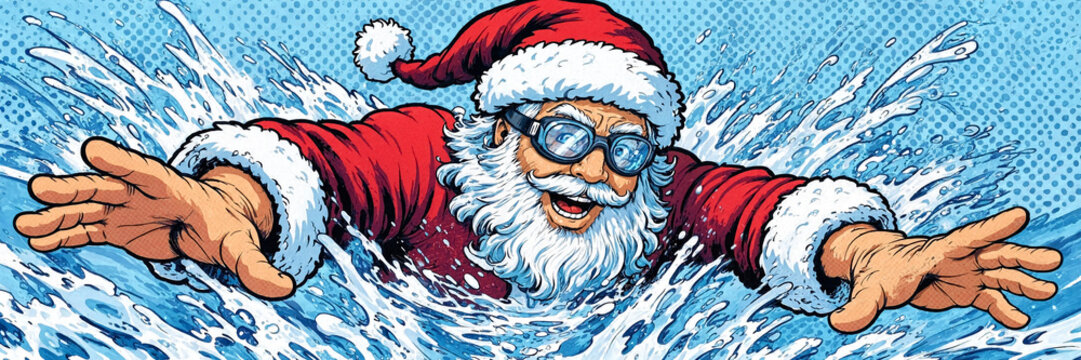 Santa Claus wearing goggles and a red suit swims through churning blue water in a humorous holiday illustration.