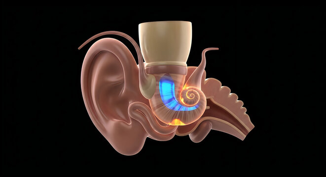 Anatomy of the human ear highlighting the cochlea and auditory pathway