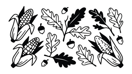 Fototapeta premium Autumn Harvest Icons: A collection of hand-drawn line art icons featuring corn, oak leaves, and acorns, perfect for seasonal designs and harvest themes.