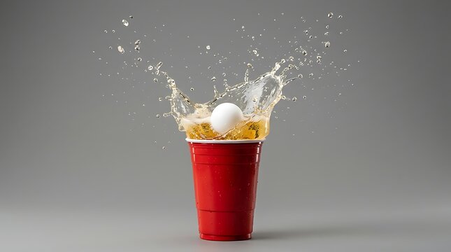 White ping pong ball falling into a red plastic cup with beer splashing out during a fun party game. beer pong splash