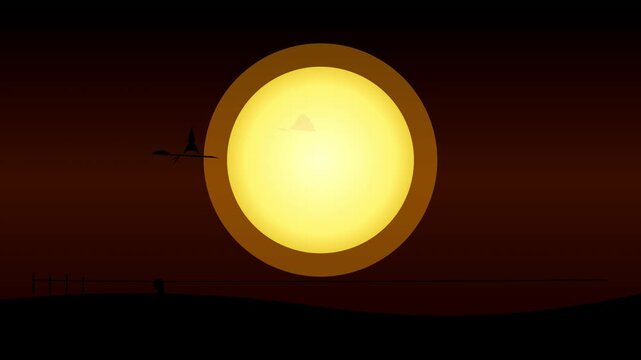 Animated silhouette flying across giant sun stock footage