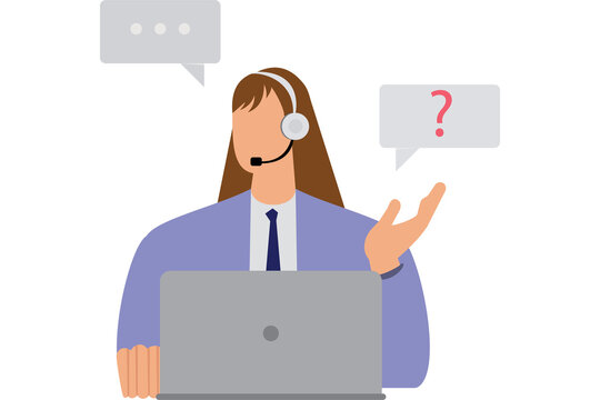 Customer service representative with headset and laptop, professional call center agent providing support, female office worker handling online inquiries