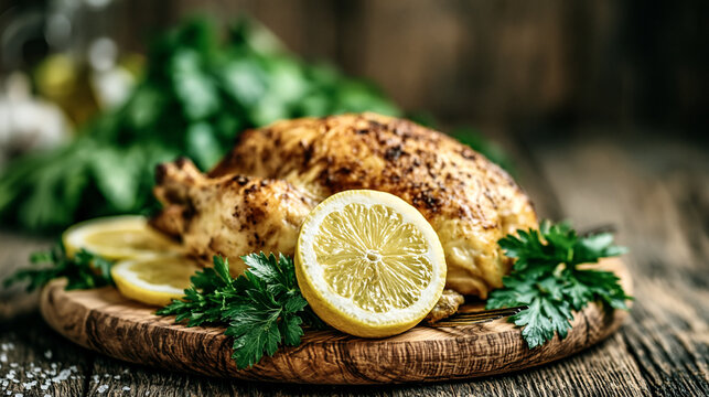 Whole Roasted Lemon Pepper Chicken on Wooden Cutting Board with Fresh Herbs
