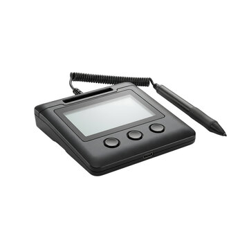 Signature pad with a stylus rests on a clean transparent surface for digital transaction processing.