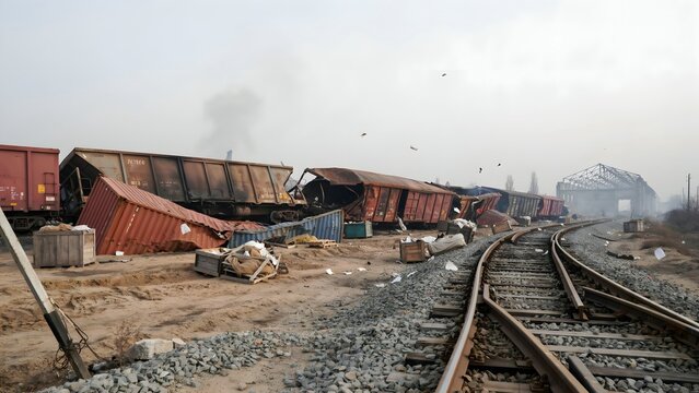 Freight Train Wreckage and Derailment Scene with Tracks and Debris on Industrial Site