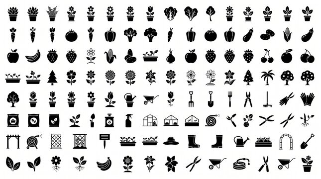 Minimalist gardening icon set, black silhouette garden tools and plants collection, organic farming and agriculture symbols for landscaping design