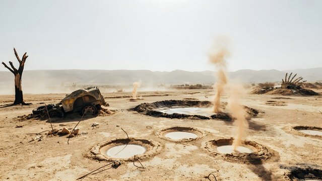 Desert landscape with scorched earth, burnt vehicle, and column of smoke