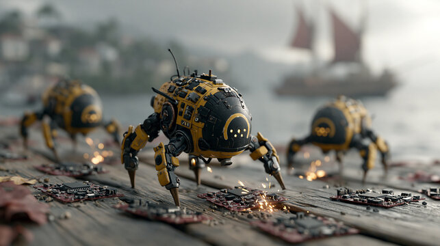 Miniature Spider Robots Assembling Microchips on Wooden Surface Outdoor Concept