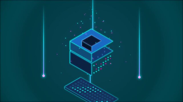 Isometric Digital Computer Processing Unit Animation with Glowing Particles and Futuristic Keyboard