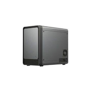 Network attached storage enclosure sits isolated on transparent background, showcasing a dark metallic rectangular housing designed for multiple hard drives and data backup systems.