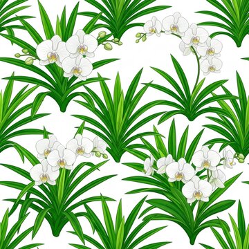 This seamless pattern features elegant white orchid blossoms and clusters of long green tropical leaves arranged on a clean white background.