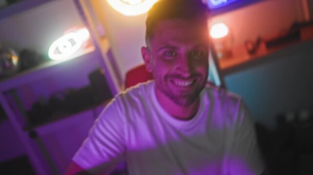 Man smiling and raising arm over a gaming chair beside a neon on air sign in a home streaming studio with purple lighting and warm lamp glow; celebration.