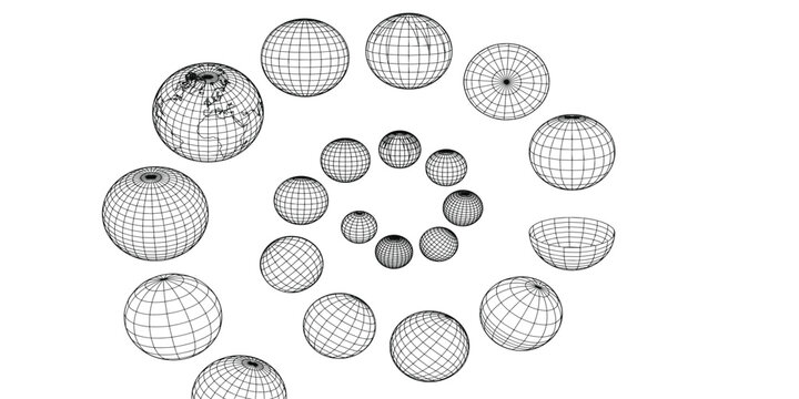 3b spheres grids globe meshes ball in various position striped 3b orbs earth globe grid linea
