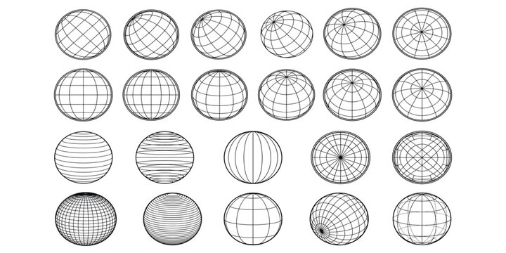 3b spheres grids globe meshes ball in various position striped 3b orbs earth globe grid linea