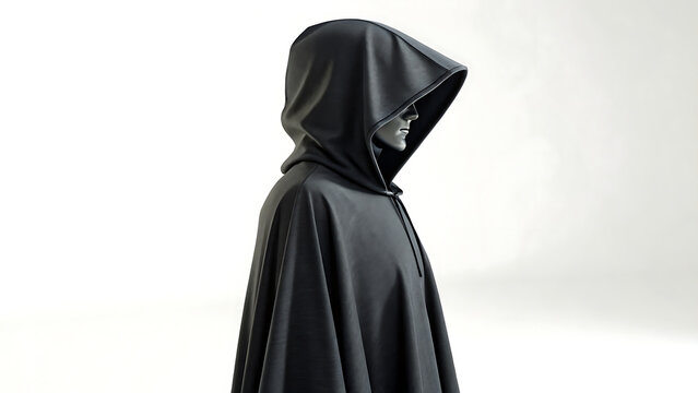 Person wearing a black hooded cloak isolated against a white background