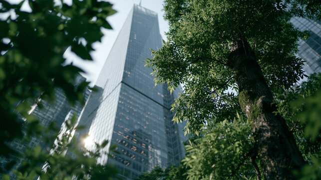 Modern glass skyscraper reaching towards the sky framed by lush tree branches with glass building