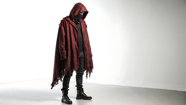 Full body shot of a mysterious person wearing a red hooded cloak standing against a white studio background with copy space.