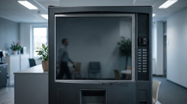Blank vending machine screen mockup in office