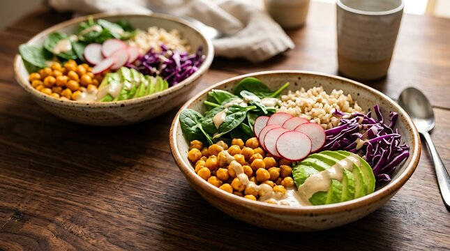 Two bowls of healthy grain bowls with chickpeas avocado radish spinach and purple cabbage on wooden table with tahini dressing for nutritious lunch and wellness lifestyle photography concept
