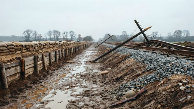 Eroded Railway Track with Levees and Trenched Earth in Rural Landscape
