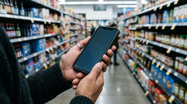 Person holding smartphone with blank screen in grocery store