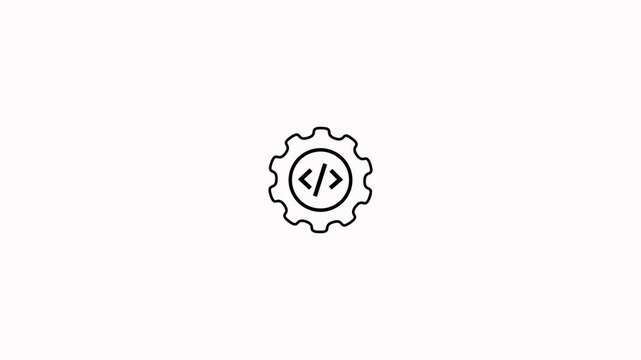 Rotating gear icon with code symbol loop animation on white background. Cogwheel programming with coding bracket for software development settings, configuration tools and technical presentations