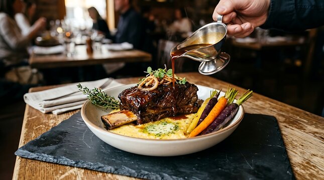 Chef pouring savory red wine reduction sauce over gourmet braised beef short rib served with creamy polenta and roasted heirloom carrots in restaurant kitchen fine dining food photography style