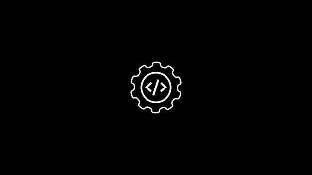 Rotating gear icon with code symbol loop animation on black background. Cogwheel programming with coding bracket for software development settings, configuration tools and technical presentations