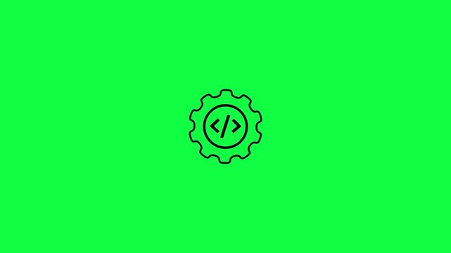Rotating gear icon with code symbol loop animation on green background. Cogwheel programming with coding bracket for software development settings, configuration tools and technical presentations