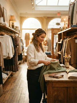 Shop assistant holding a green garment behind a wooden counter in store