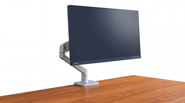 Computer monitor on adjustable ergonomic arm mount over wooden desk