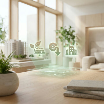 Holographic eco icon display above a wooden table in a bright living room