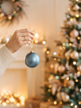 Hand holding a matte blue ornament before a softly lit green Christmas tree