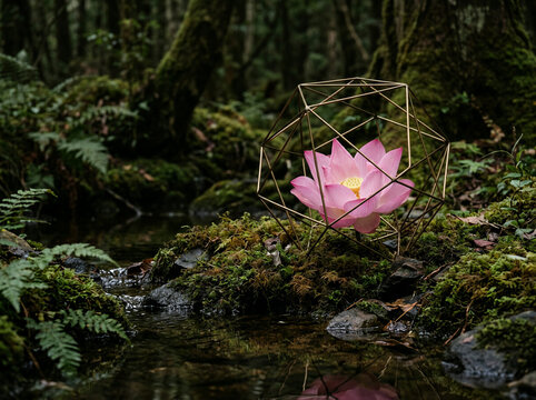 Pink lotus in a gold frame on a mossy bank beside a dark forest stream