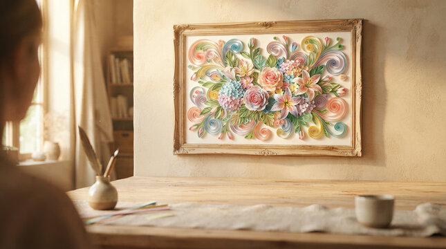 Framed paper quilling floral artwork in a studio with a person by a window