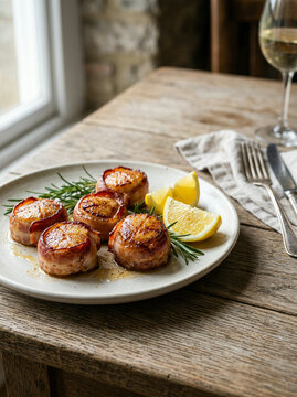 Bacon wrapped scallops on a white plate with wine by a stone wall window