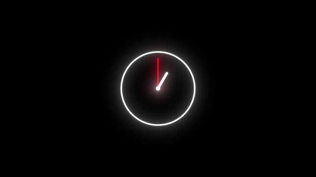 Luminous neon red glowing clock face with rotating pointer on a black backdrop for alert countdown, emergency time limit, deadline warning display and futuristic digital stopwatch animation.