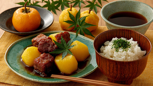 Braised pork belly with potatoes served with a bowl of steamed white rice and fresh fruit