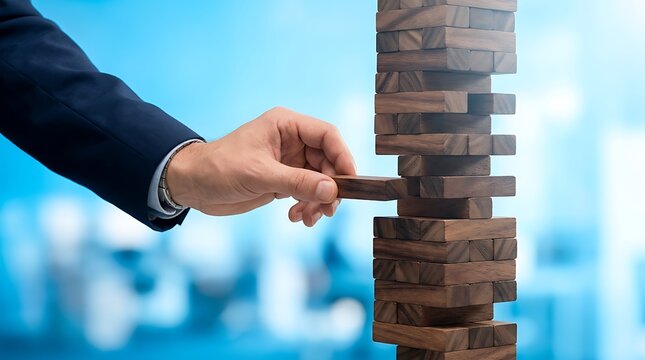 Risk management concept with businessman hand pulling wooden block from tower, business strategy and stability metaphor, precarious financial planning