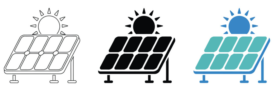 Solar panel energy icon featuring photovoltaic technology with sunlight and renewable power symbols in diverse vector styles.