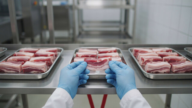 factory worker inspecting raw meat slices on trays in processing plant